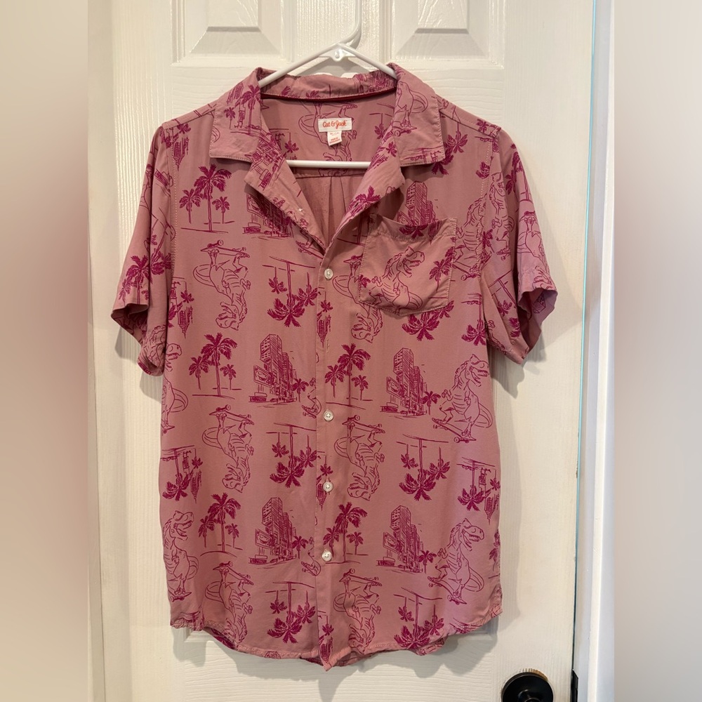 🦖 Cat & Jack Dinosaur Button-Down Shirt – XL (14) | Dino Lover Must-Have! 🛹🌴